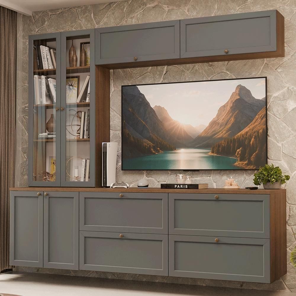 Estante Sala De Estar Com Rack + Cristaleira 230cm Vik Madesa 01 Rustic-cinza