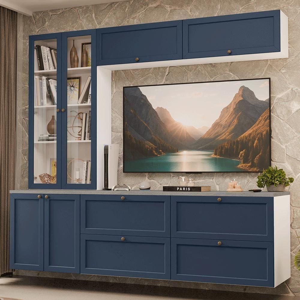 Estante Sala De Estar Com Rack + Cristaleira 230cm Vik Madesa 01 Branco-azul