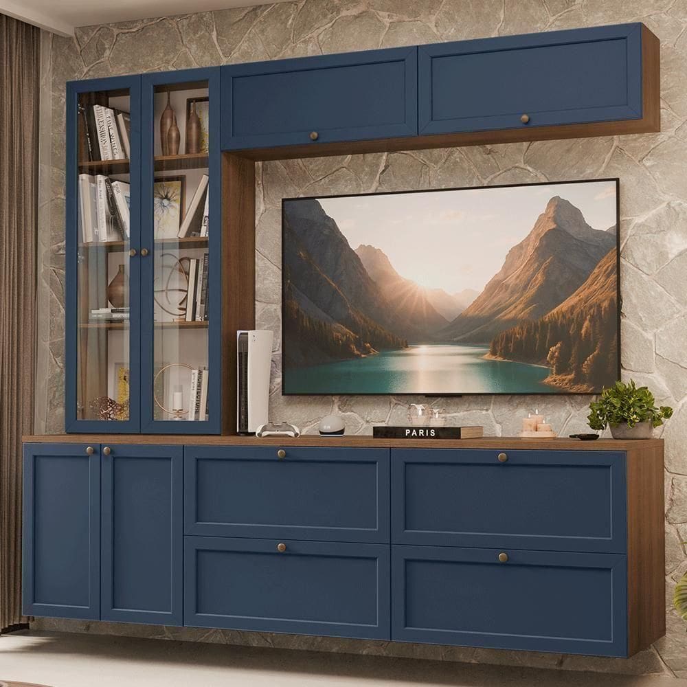 Estante Sala De Estar Com Rack + Cristaleira 230cm Vik Madesa 01 Rustic-azul