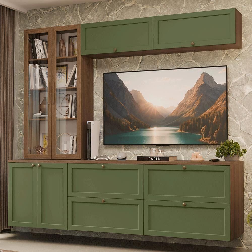 Estante Sala De Estar Com Rack + Cristaleira 230cm Vik Madesa 02 Rustic-verde