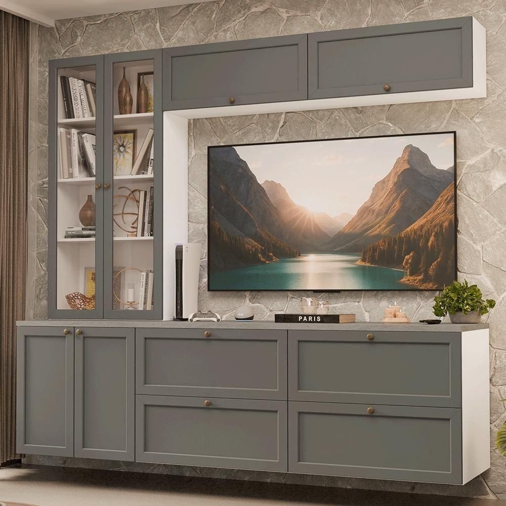 Estante Sala De Estar Com Rack + Cristaleira 230cm Vik Madesa 01 Branco-cinza