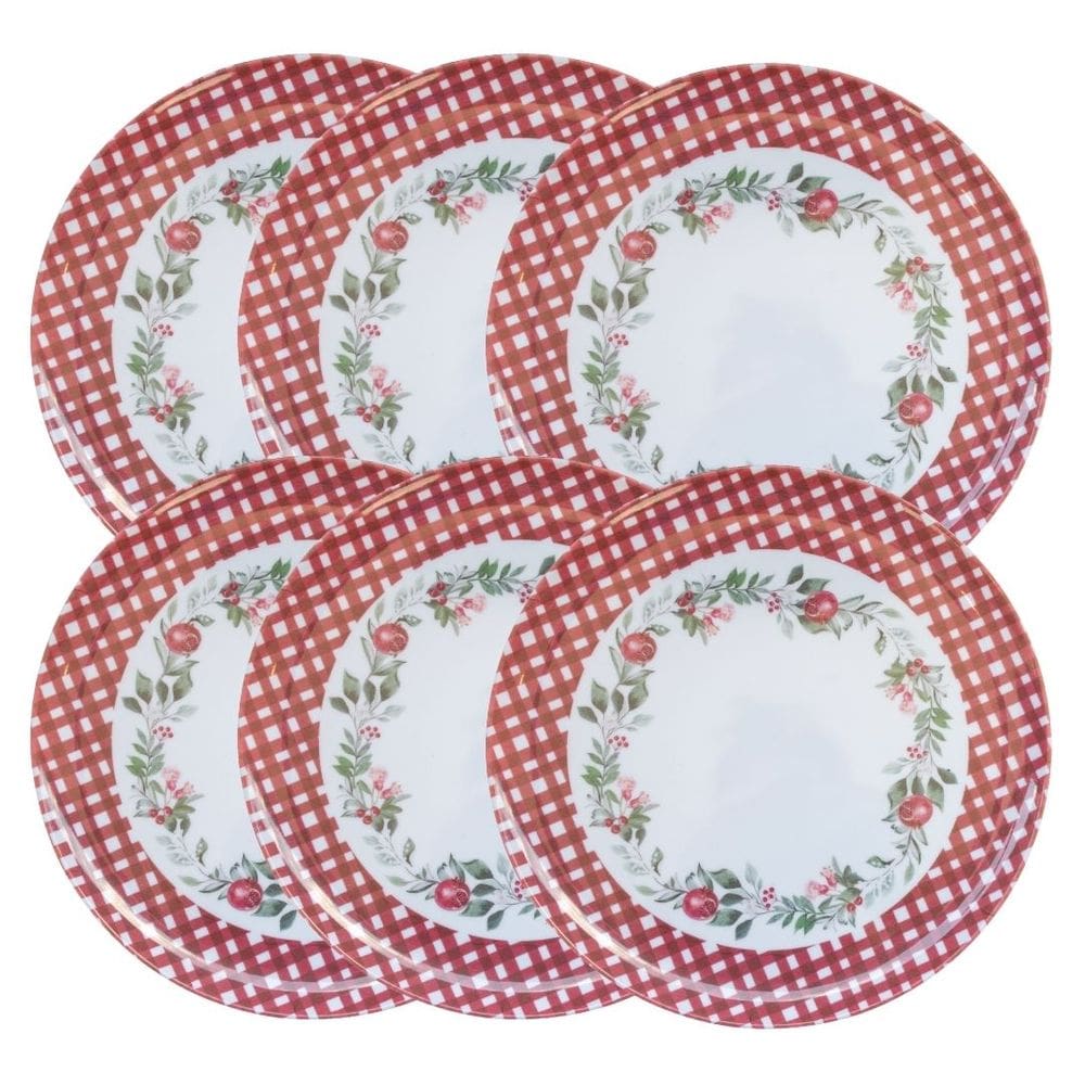 Jogo 6 Pratos de Jantar Natalino Melamina Folhagens, Azevinhos e Romã Borda Xadrez Bordô Fosco 27,5cm