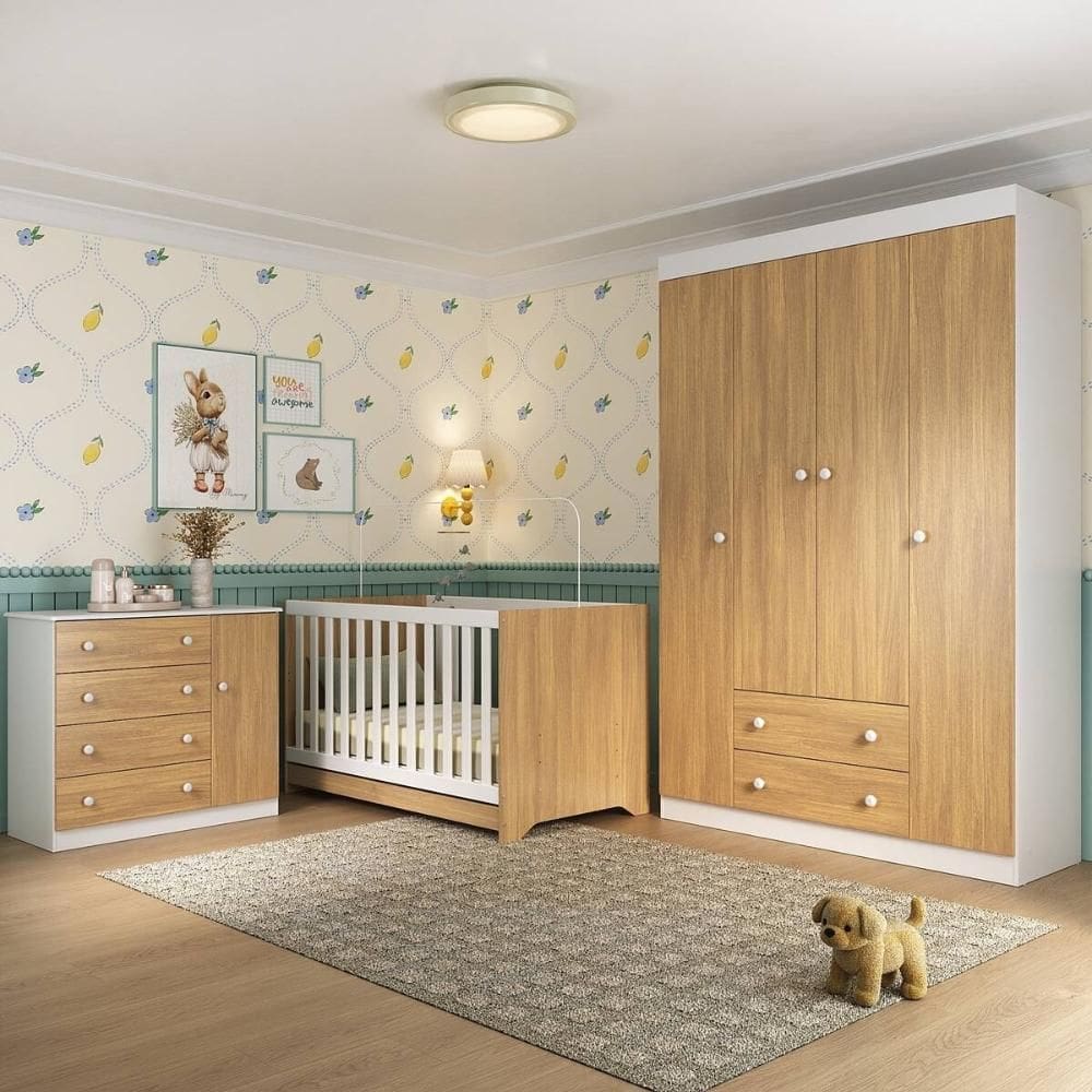 Quarto de Bebê Completo com Berço Americano 3 em 1 p/Colchão 130x70cm Encanto Multimóveis MP4581