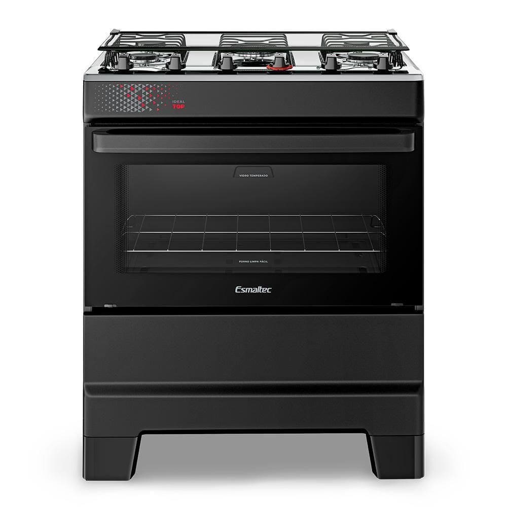 Fogão A Gás Esmaltec Mesa Inox Tampa De Vidro Forno 84L Ideal Top Preto 5 Bocas Bivolt