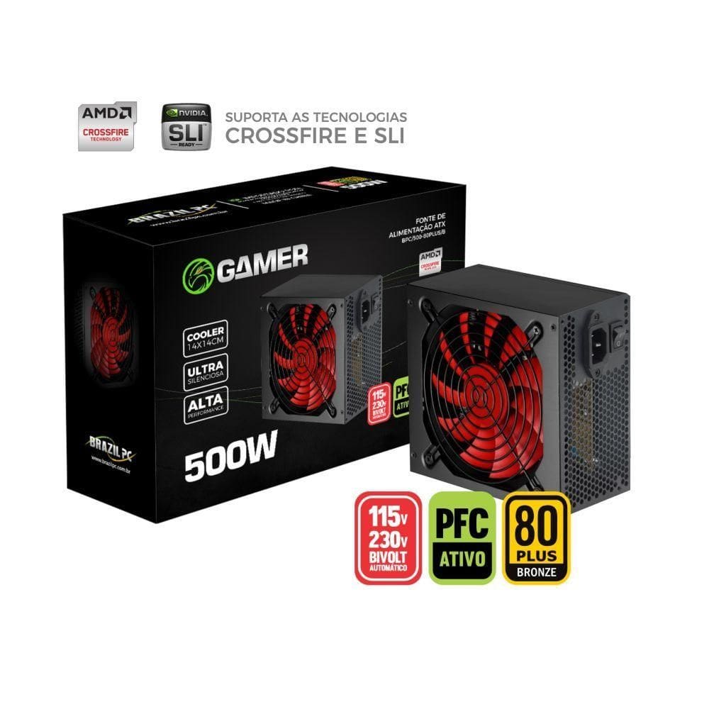 Fonte Alimentação Para Pc Brazil PC 500W 80 Plus Preto