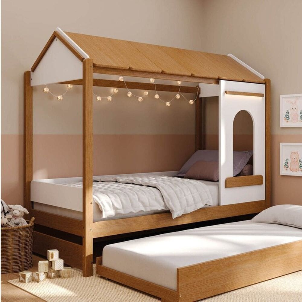 Bicama Casinha com Janela Led e Grade de Proteção Aria Casatema Madeiraoriginals Nogueira/Branco