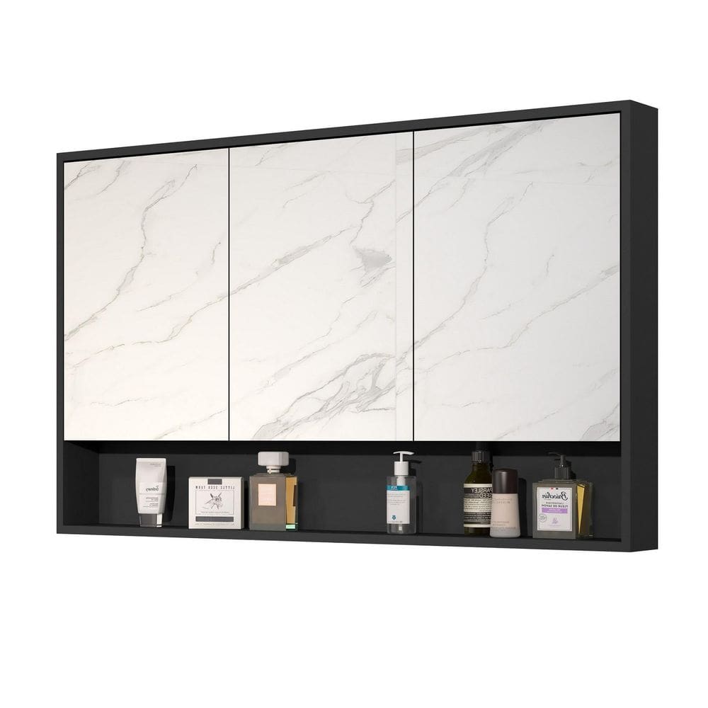 Armário Banheiro 90Cm 3 Portas Com Espelho Hefesto Preto