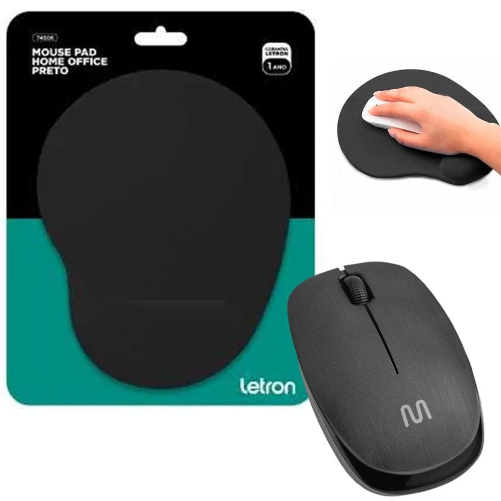 Kit Mouse Sem Fio Usb Com Mouse Pad Ergonômico Preto