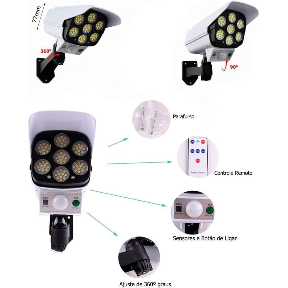 Super Câmera Fake Solar Prova Dágua 7 Cobs 42 Super Leds