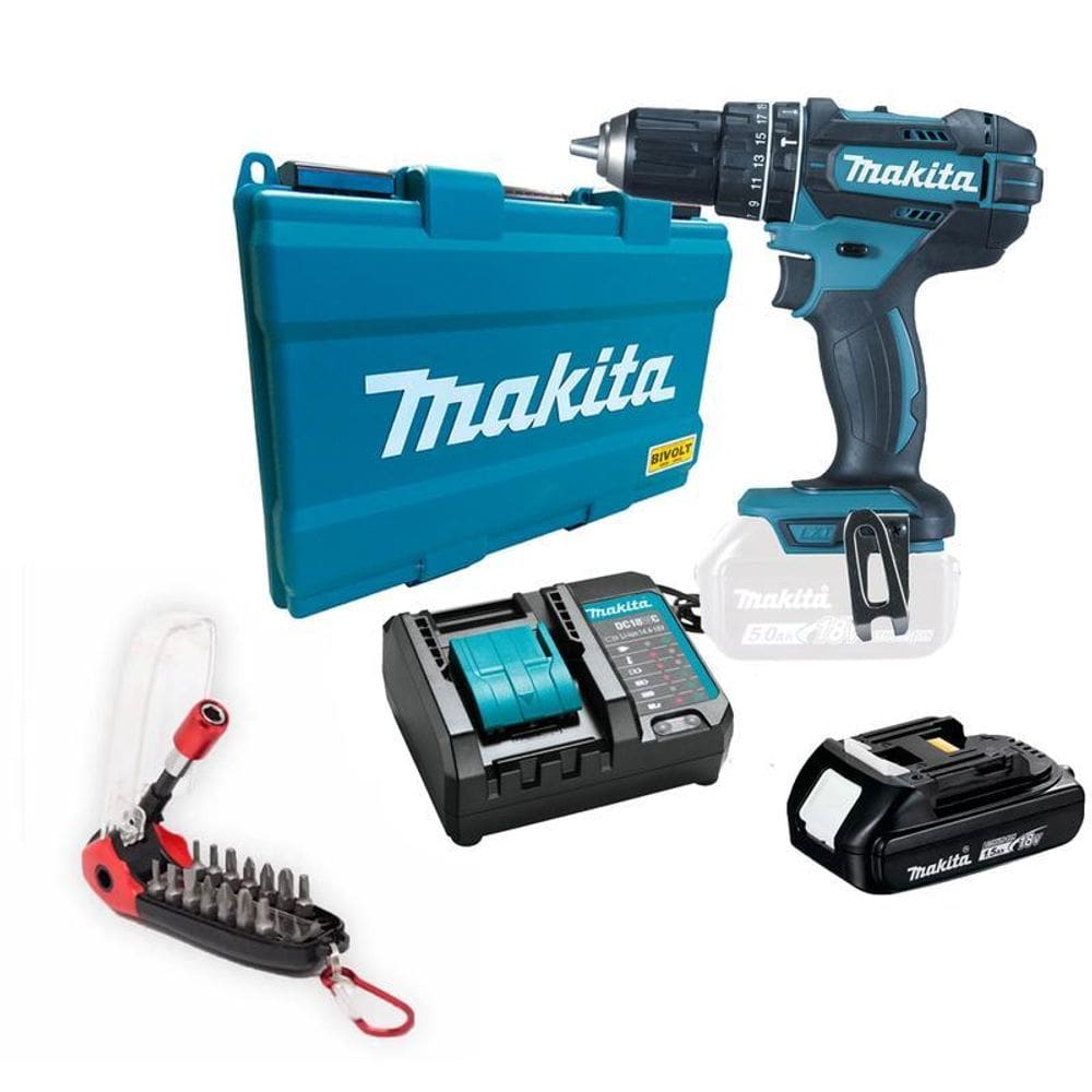 Parafusadeira 18V Makita Dhp482Y002 1Bat 1,5A + Jg 18 Peças