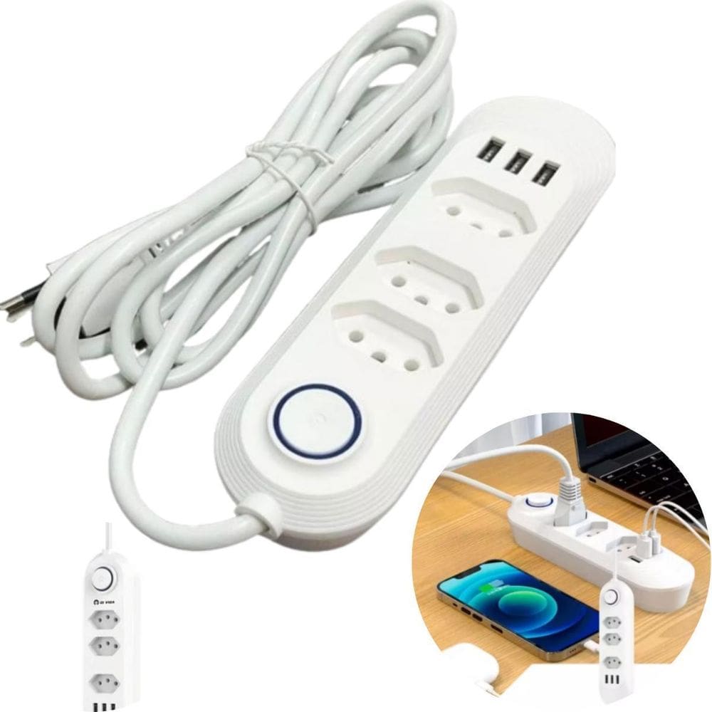 Extensão De 3 Tomadas Com 3 Usb Branco Bivolt 2 Metros