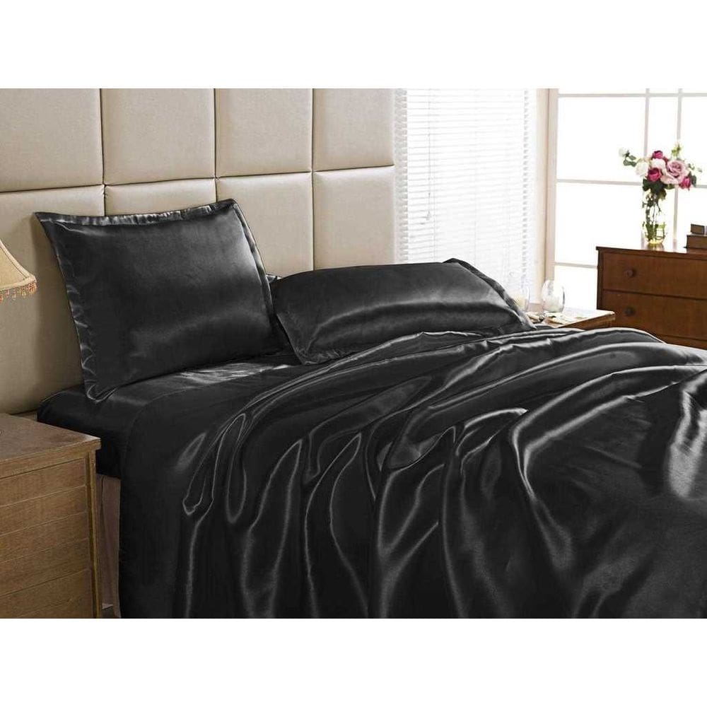 Jogo Lençol Casal Queen Cetim Seda Preto Com Vira 3 Peças