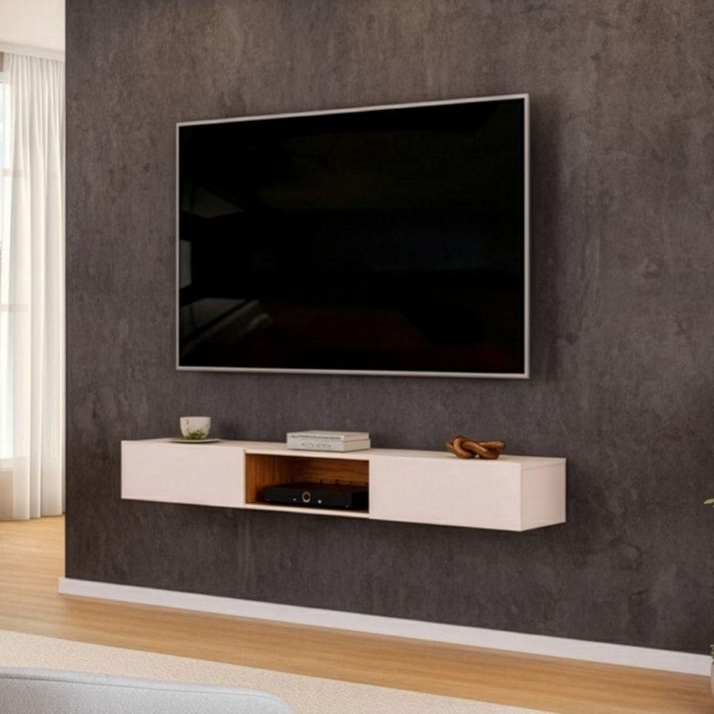 Rack Suspenso Para Painel Ou Tv Até 65 Polegadas 1,43m 2 Portas Com Nicho Montreal Off White