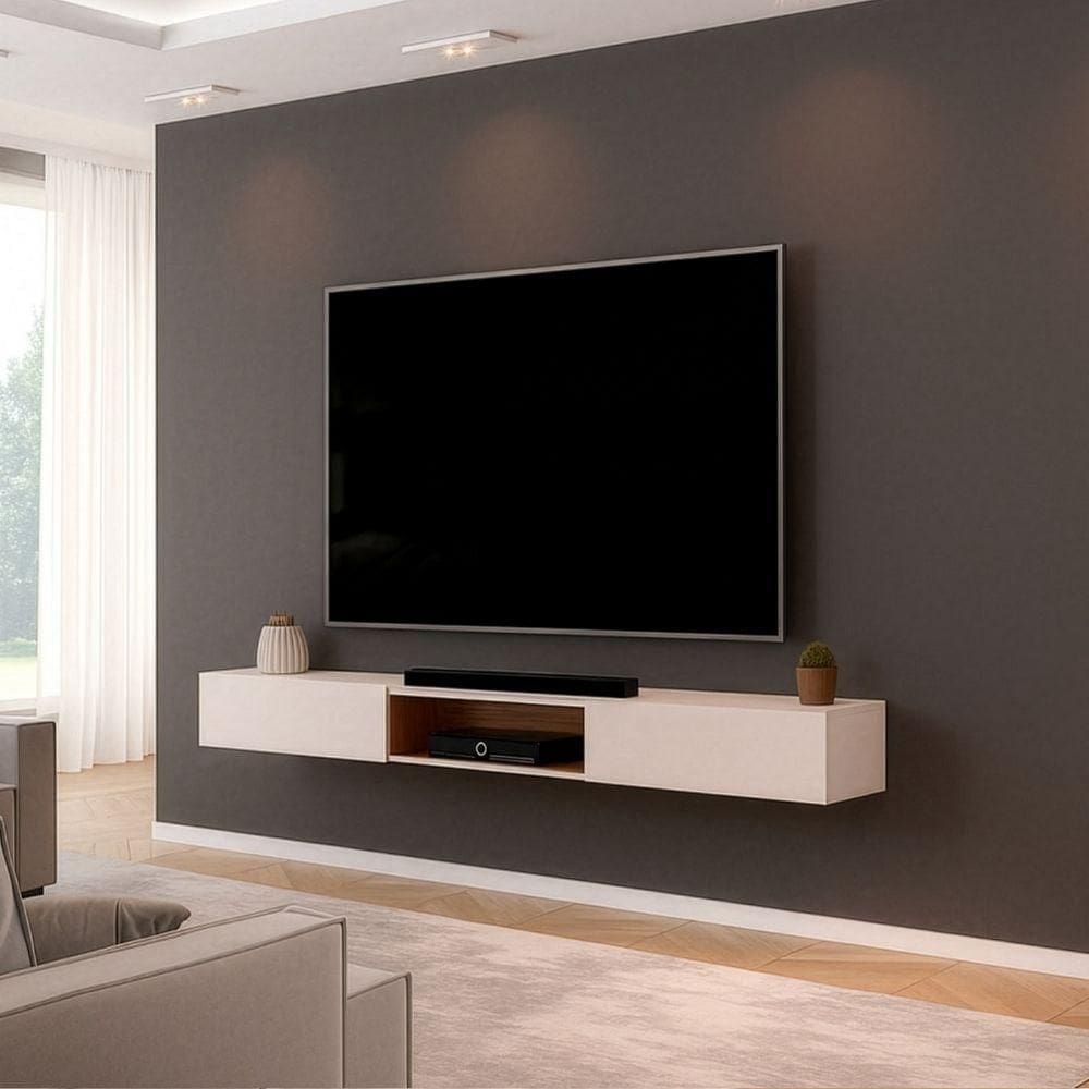 Rack Suspenso Para Painel Ou Tv Até 75 Polegadas 2,10m 2 Portas Com Nicho Montreal Off White