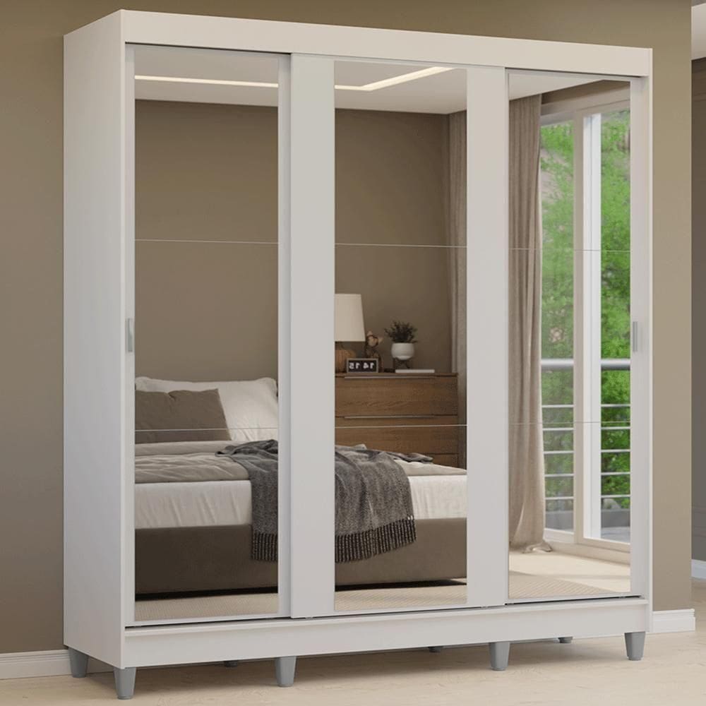 Guarda-roupa Casal Com Pés 3 Portas De Correr De Espelho Branco Reno Madesa