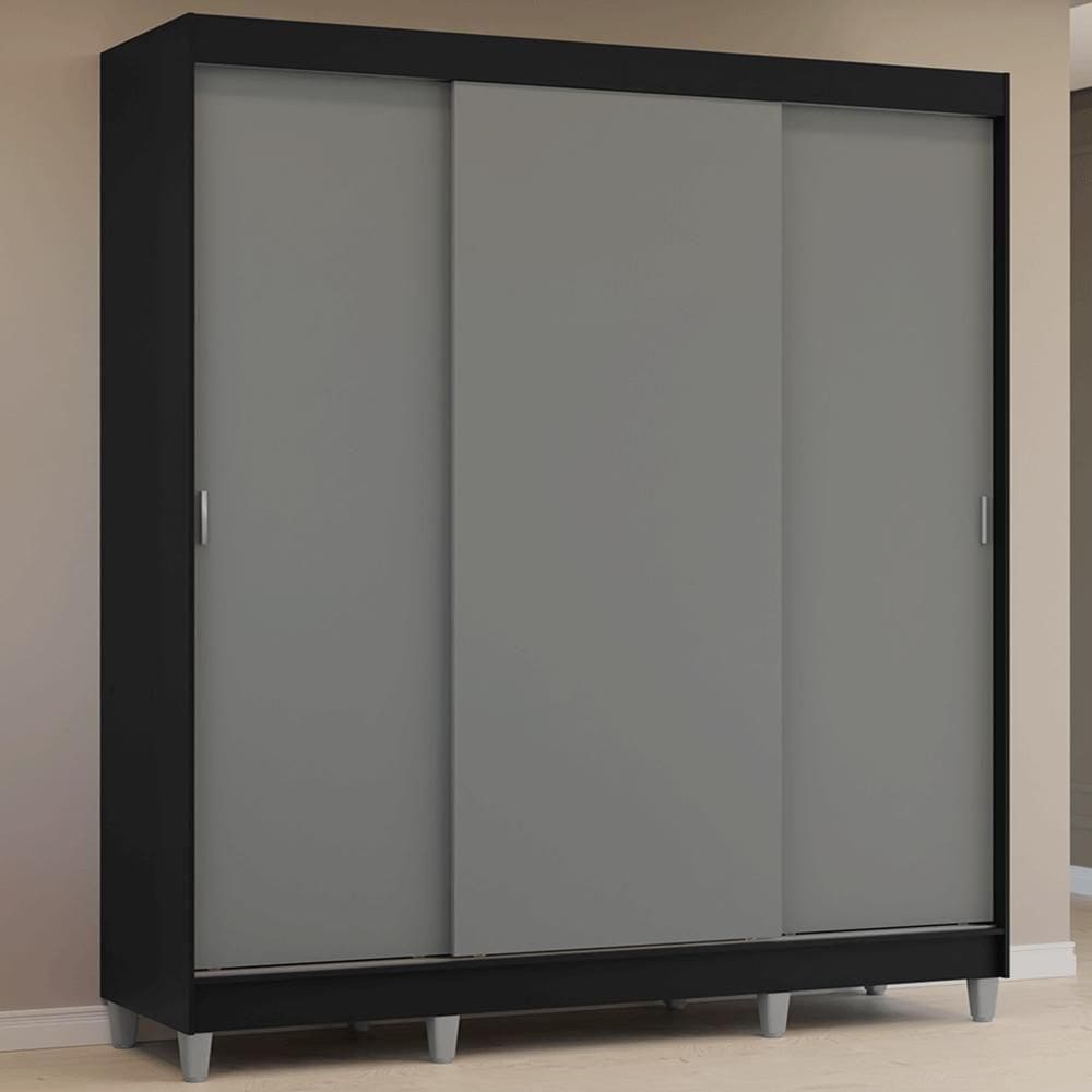 Guarda-roupa Casal Com Pés 3 Portas De Correr Preto Cinza Reno Madesa