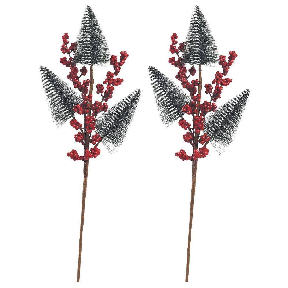 Jogo 2 Galhos Decor Natal 3 Pinheiros Nevados E Berries 48cm - Magizi