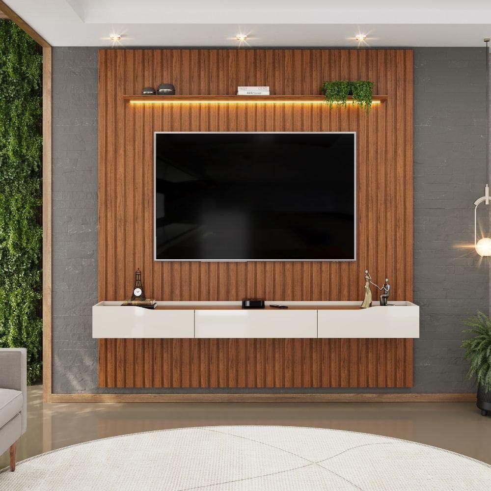 Painel P/ Tv Até 65 Polegadas Ripado Autêntico Com Led Montreal Com Nicho Efraín Madeirado/off White