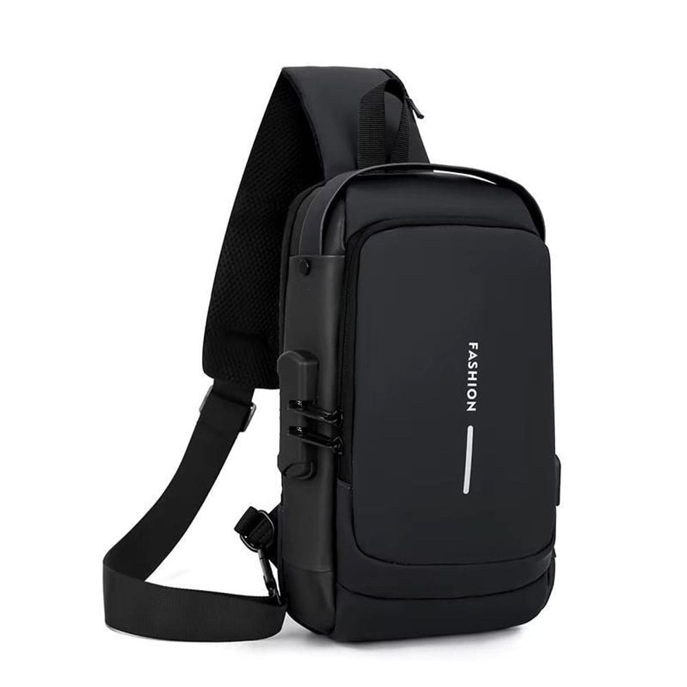 Mochila Ombro Transversal Compacta Usb Á Prova D`Água-Preto