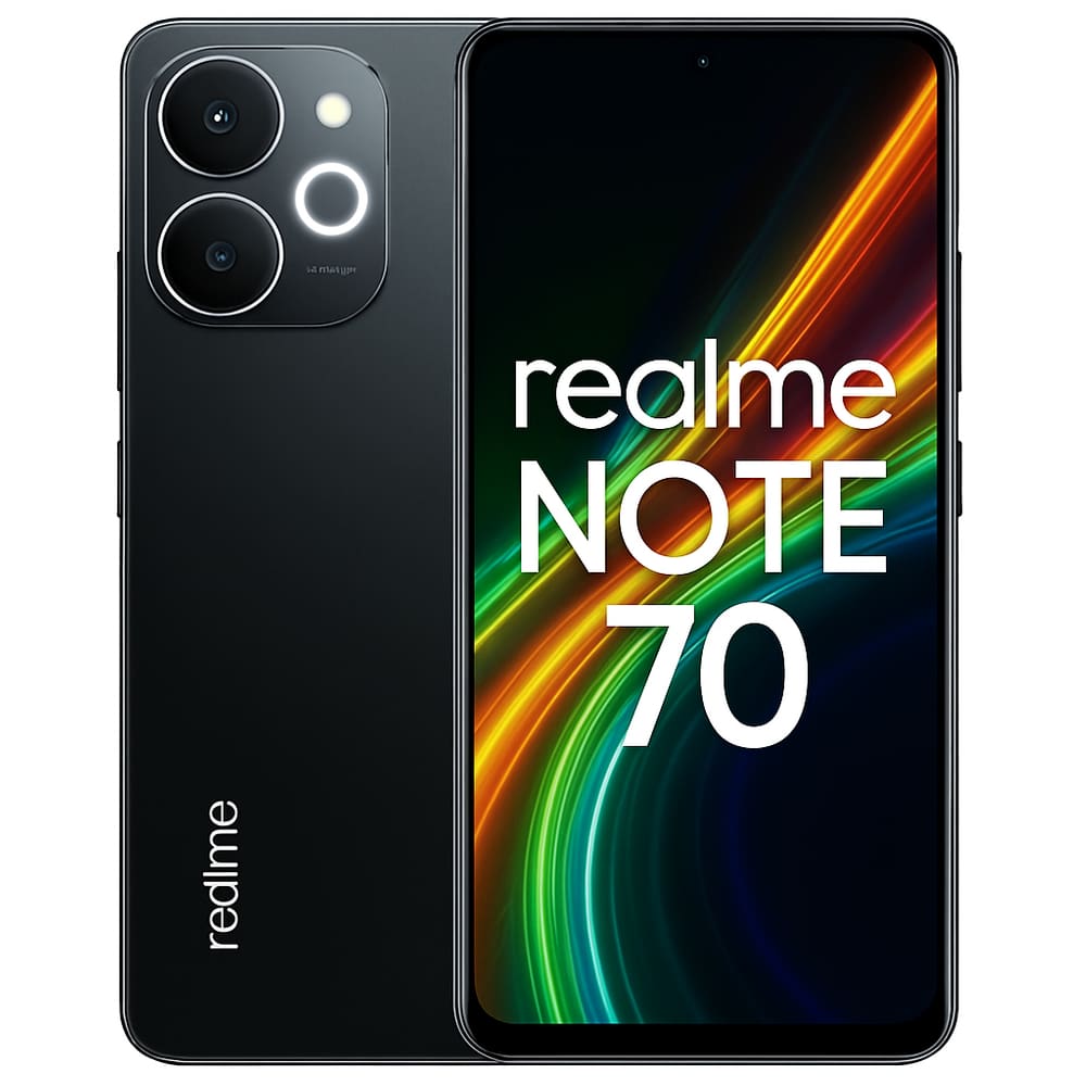 Smartphone Celular Realme Note 70 4G, 128GB, 4GB RAM, Tela 6,74 HD+ 90Hz, Câmera 13MP, Bateria 6300mAh, Android 15, Dual SIM, PRETO
