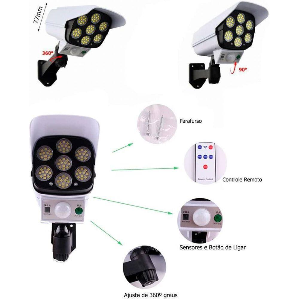 Super Câmera Fake Solar Prova Dágua 7 Cobs 42 Super Leds