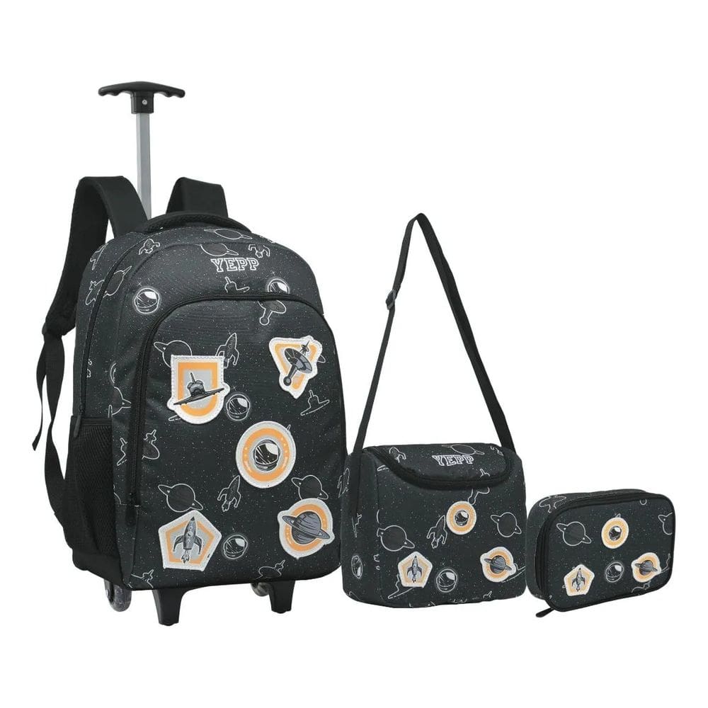 Kit Mochila Escolar Rodinhas Meninos  Astronauta Foguete Grande Yepp