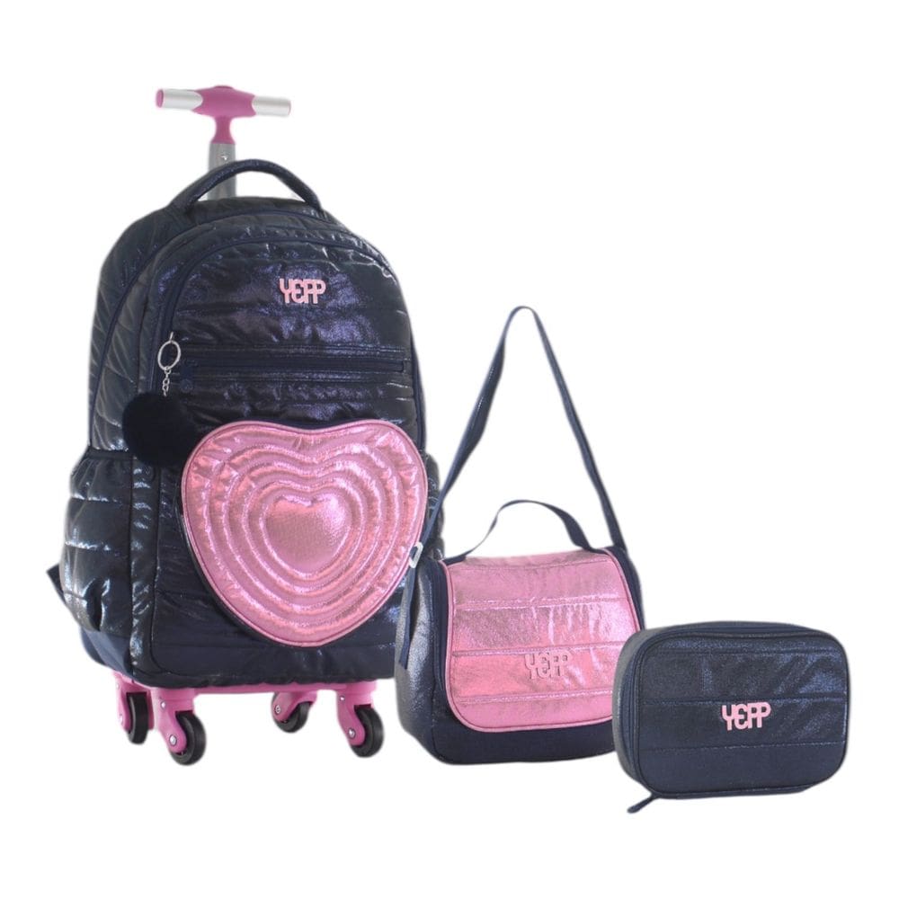 Kit Mochila Escolar Juvenil Feminina Coração Rodinhas Pom Pom Yepp