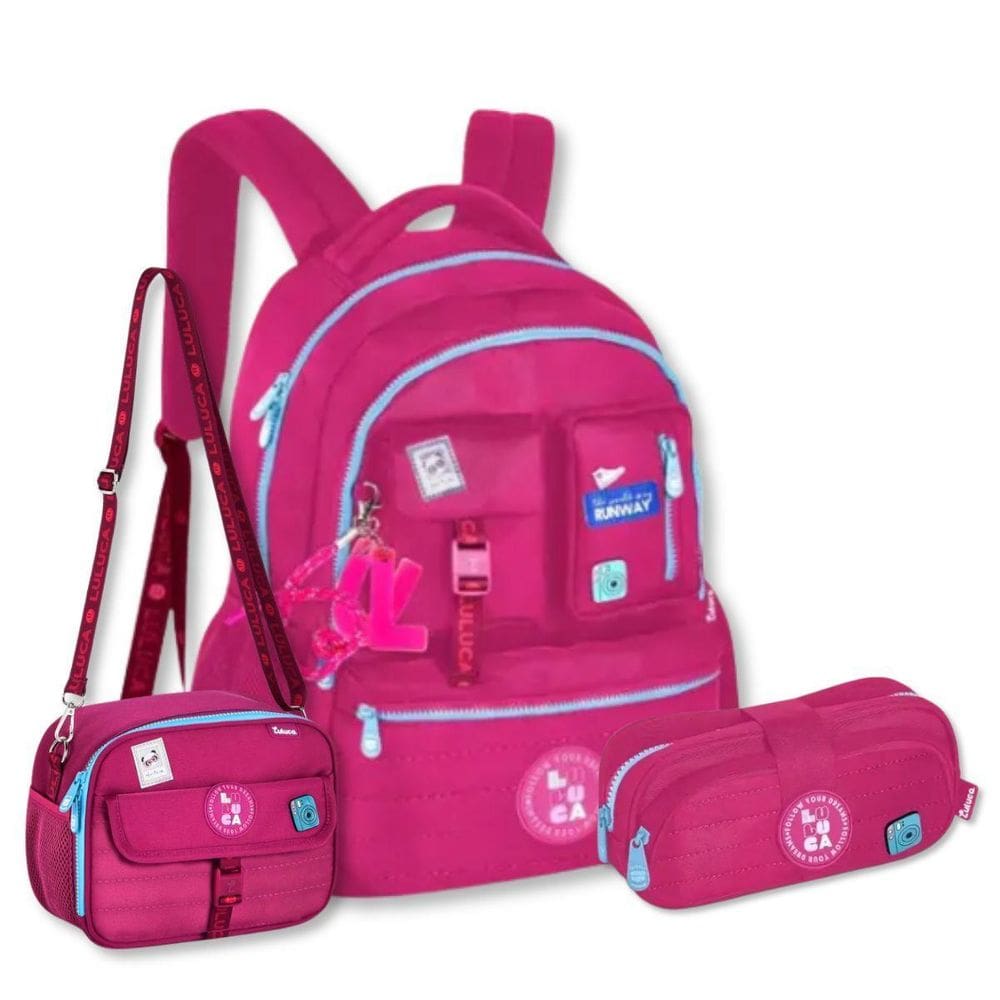 Mochila Luluca Com Lancheira E Estojo Bolsa Escolar Rosa