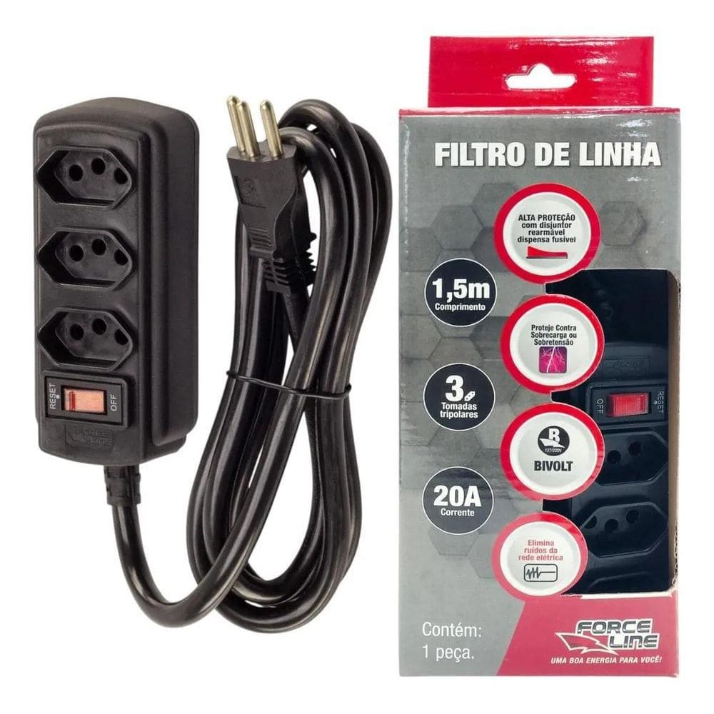 Filtro De Linha 3 Tomadas 1,5M 20A Preto Force Line