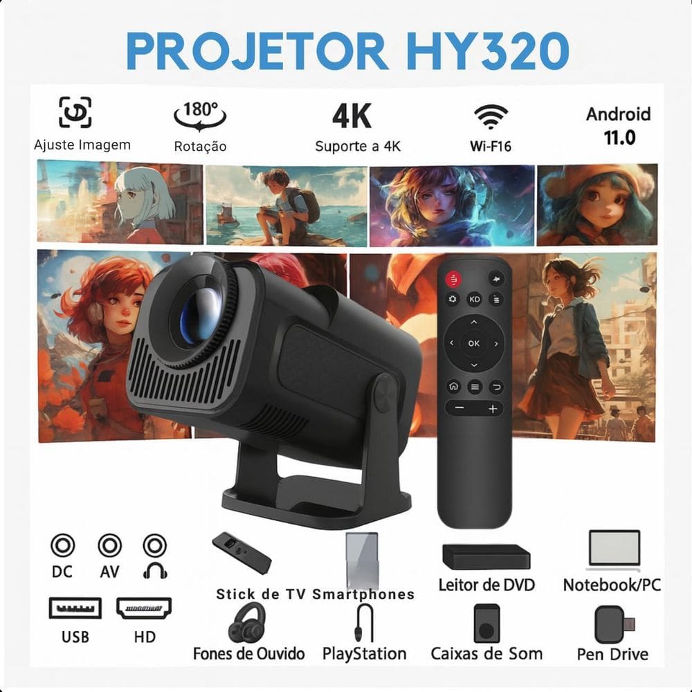 Projetor Hy320 4K Android 11 Smart Tv Hdmi Usb