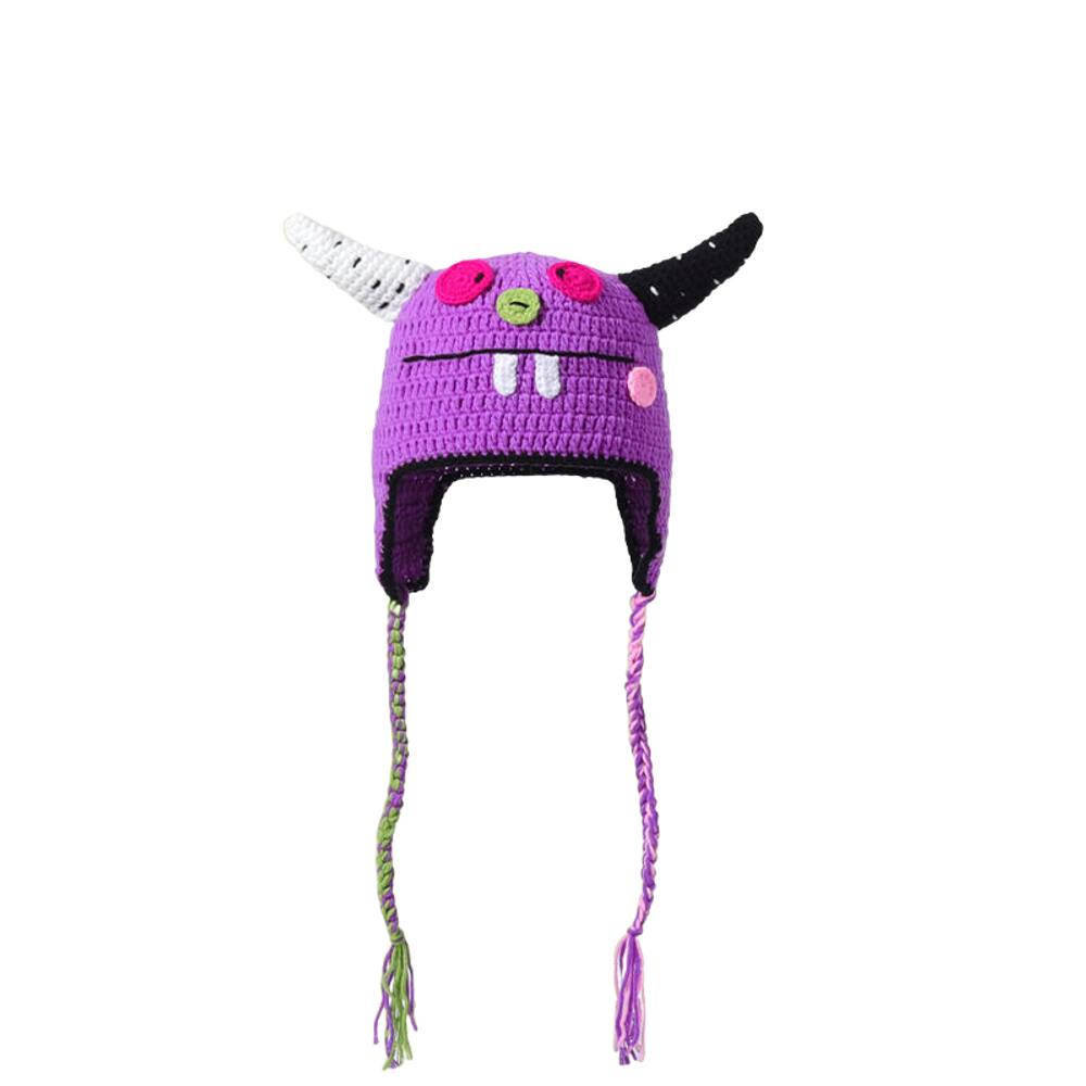 Chapéu de malha feito à mão Monster Horn de desenho animado para adultos roxo