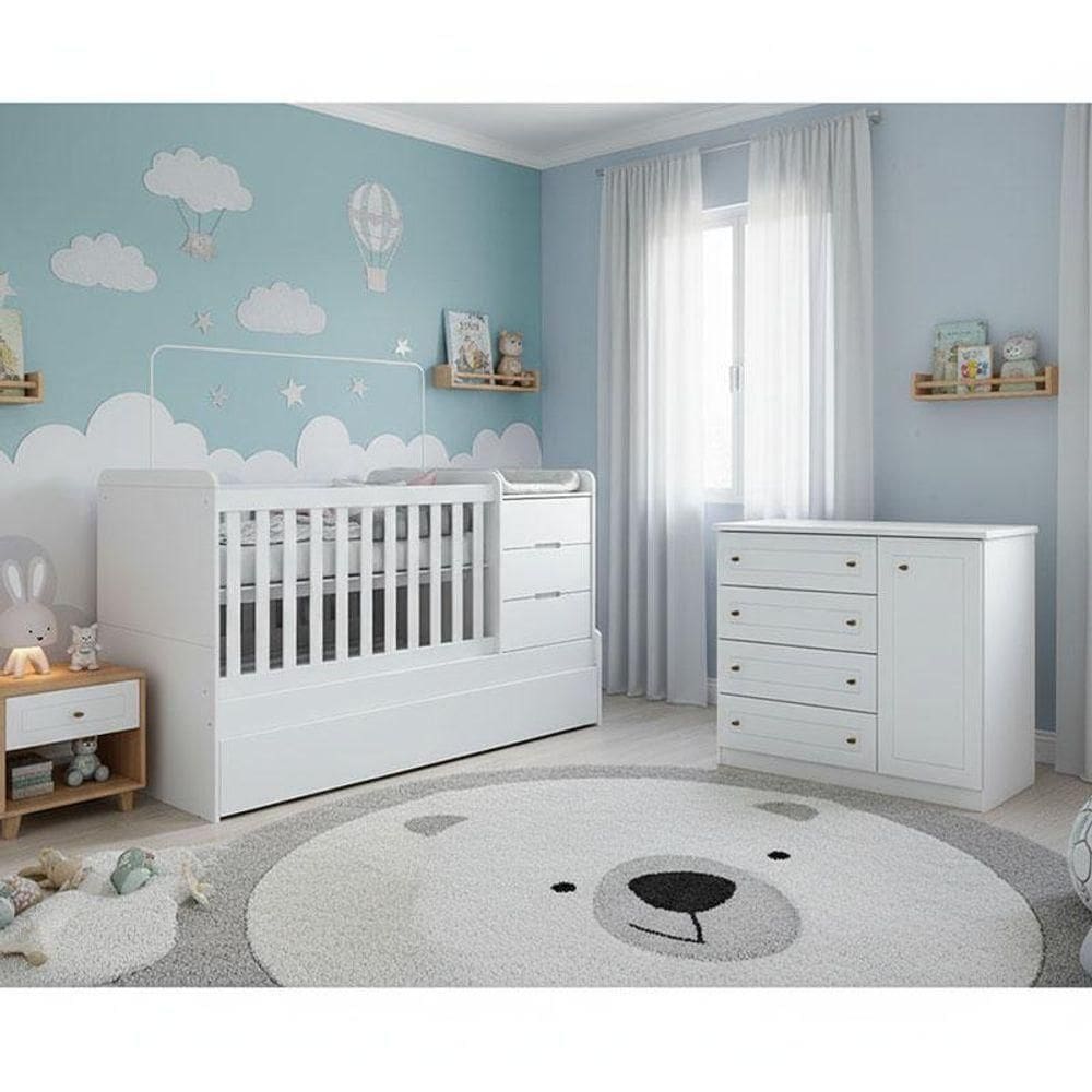 Berço Multifuncional Cleo E Cômoda Infantil Americano Ambiente Branco Fosco - Carolina