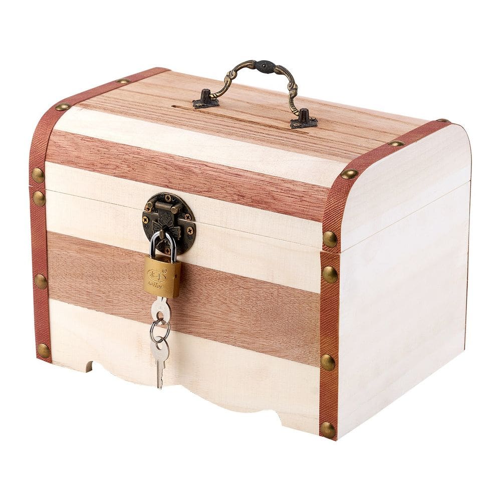 Baú de poupança de madeira grande com moeda de armazenamento listrada
