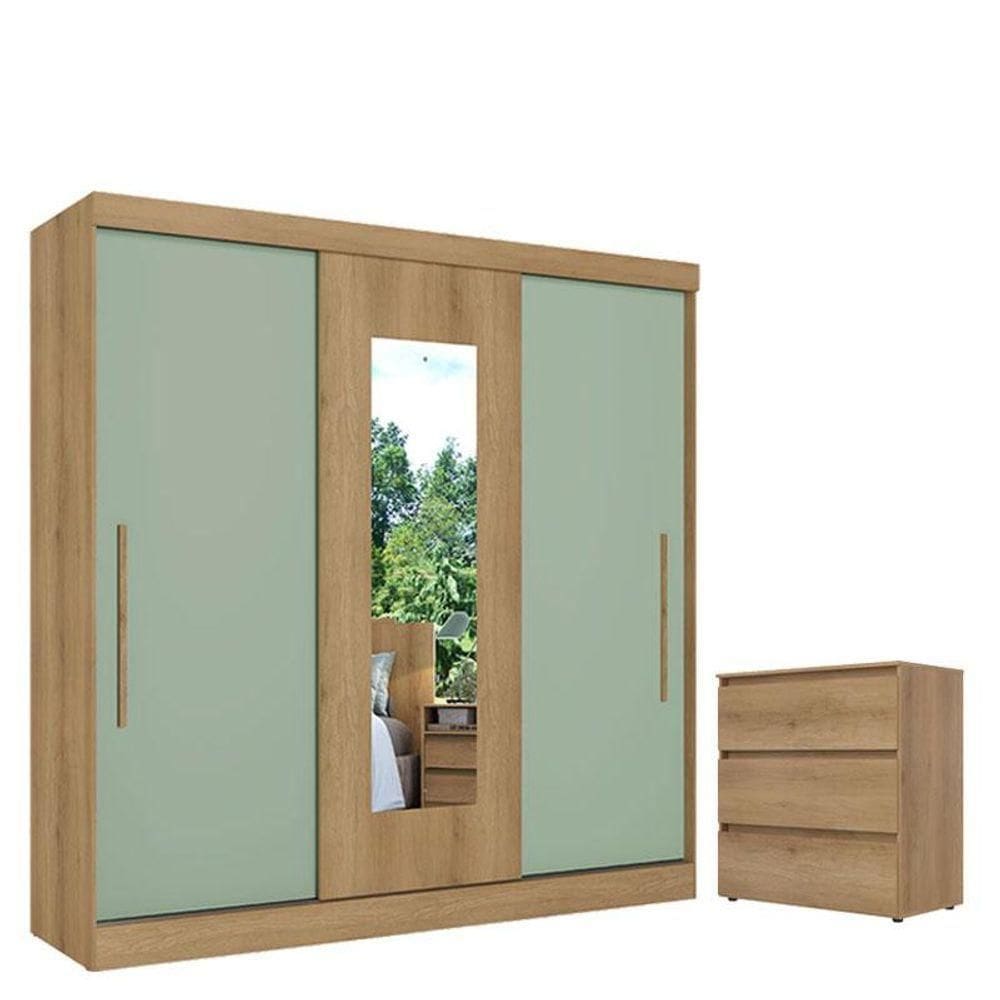 Guarda Roupa Casal Vision Glass 3 Portas Capuccino Menta Acetinado E Cômoda Gaveteiro Condessa Capuccino - Thb