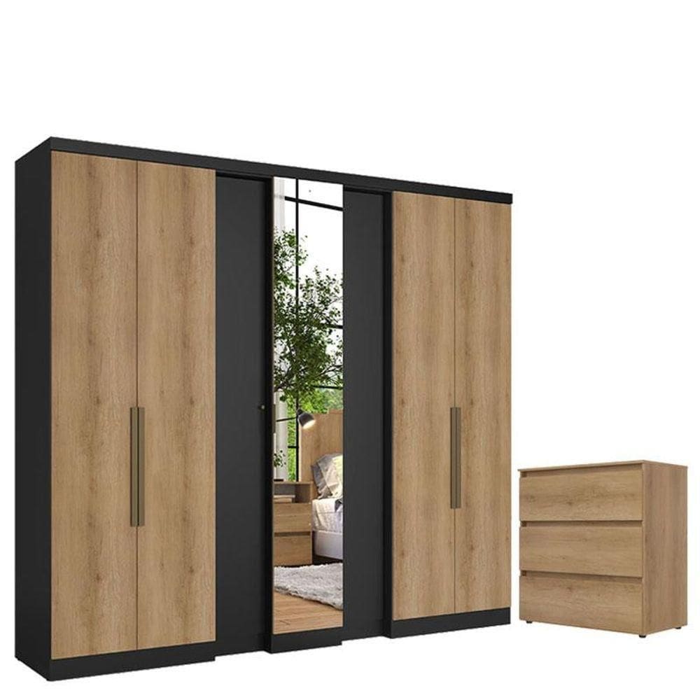 Guarda Roupa Casal Selecto 7 Portas Preto Capuccino E Cômoda Gaveteiro Condessa Capuccino - Thb