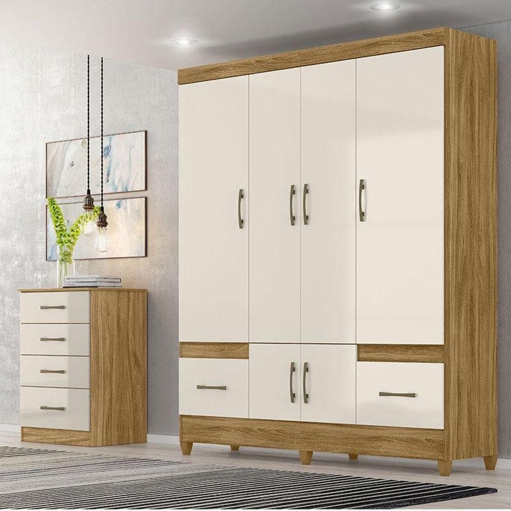 Guarda Roupa Casal Ambiente Ms912 E Cômoda Ms913 Freijó Off White - Moval