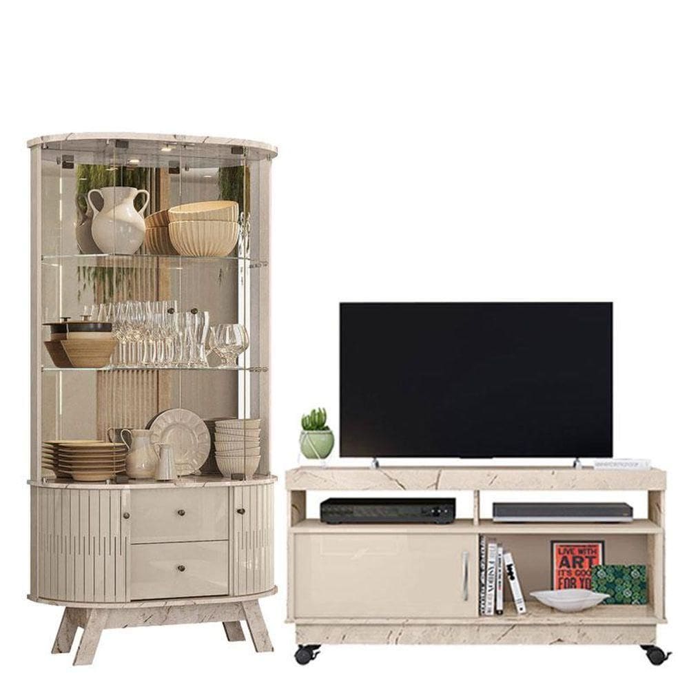 Rack Bancada Artur Com Cristaleira Moss Calacata Off White - Madetec