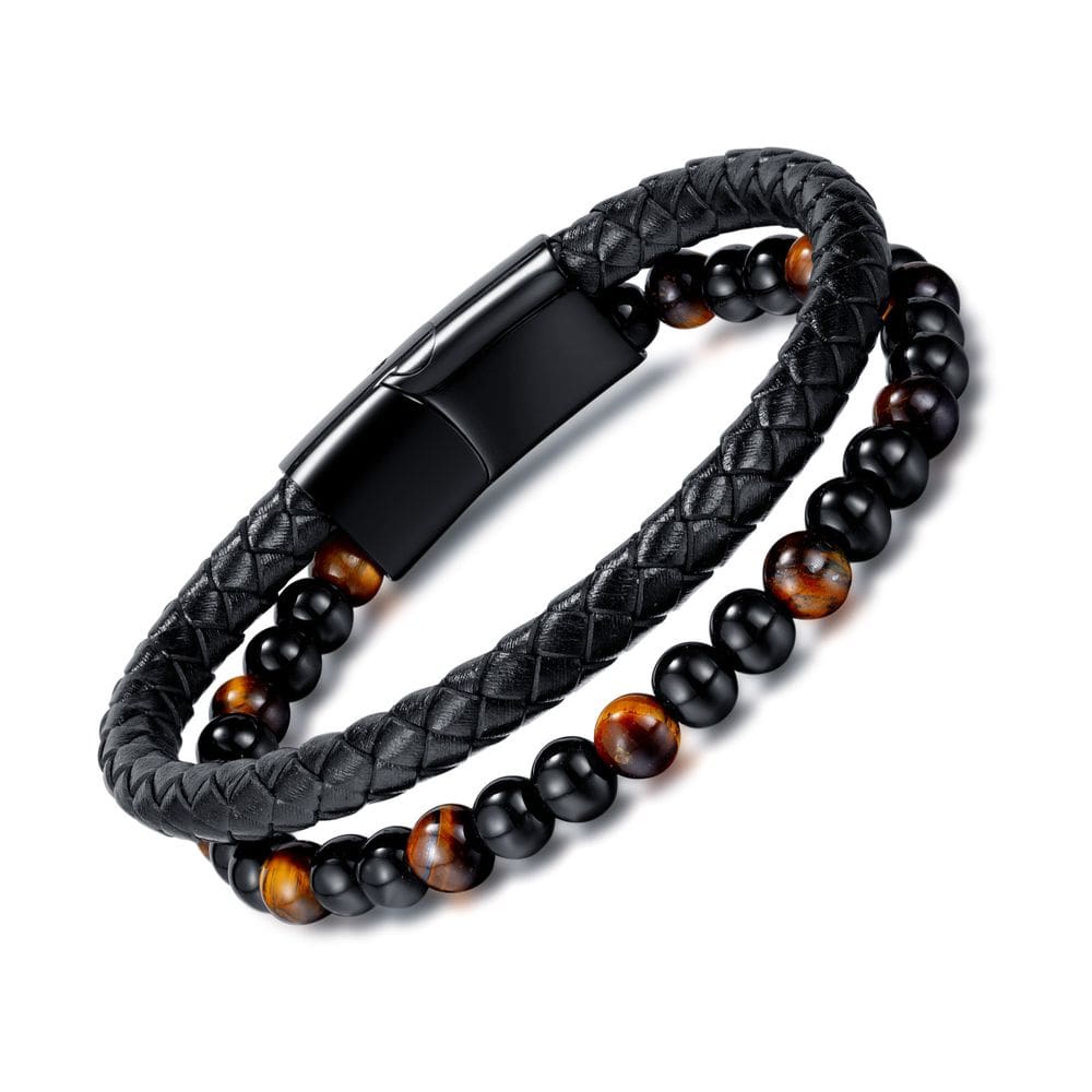 Pulseira Tiger Eye Bead para homens, pulseira de couro PU trançado