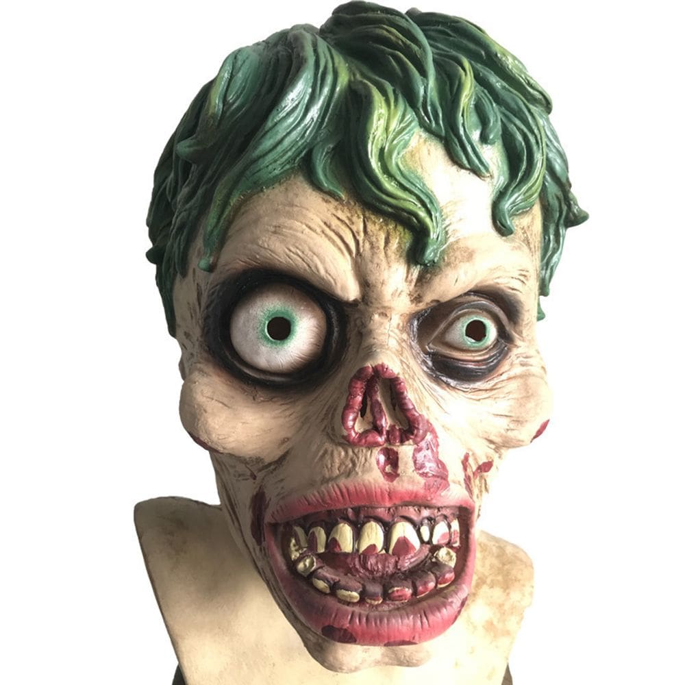 Máscara de resina Zombie Clown Horror com cabelo verde e olhos vermelhos