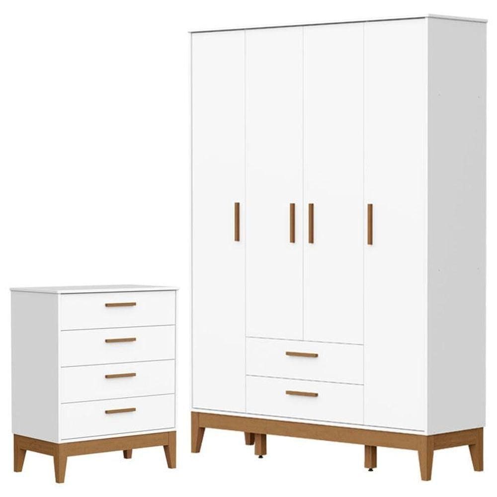 Guarda Roupa Infantil Flip 4 Portas Com Cômoda Gaveteiro Infantil Flip Branco Acetinado - Reller