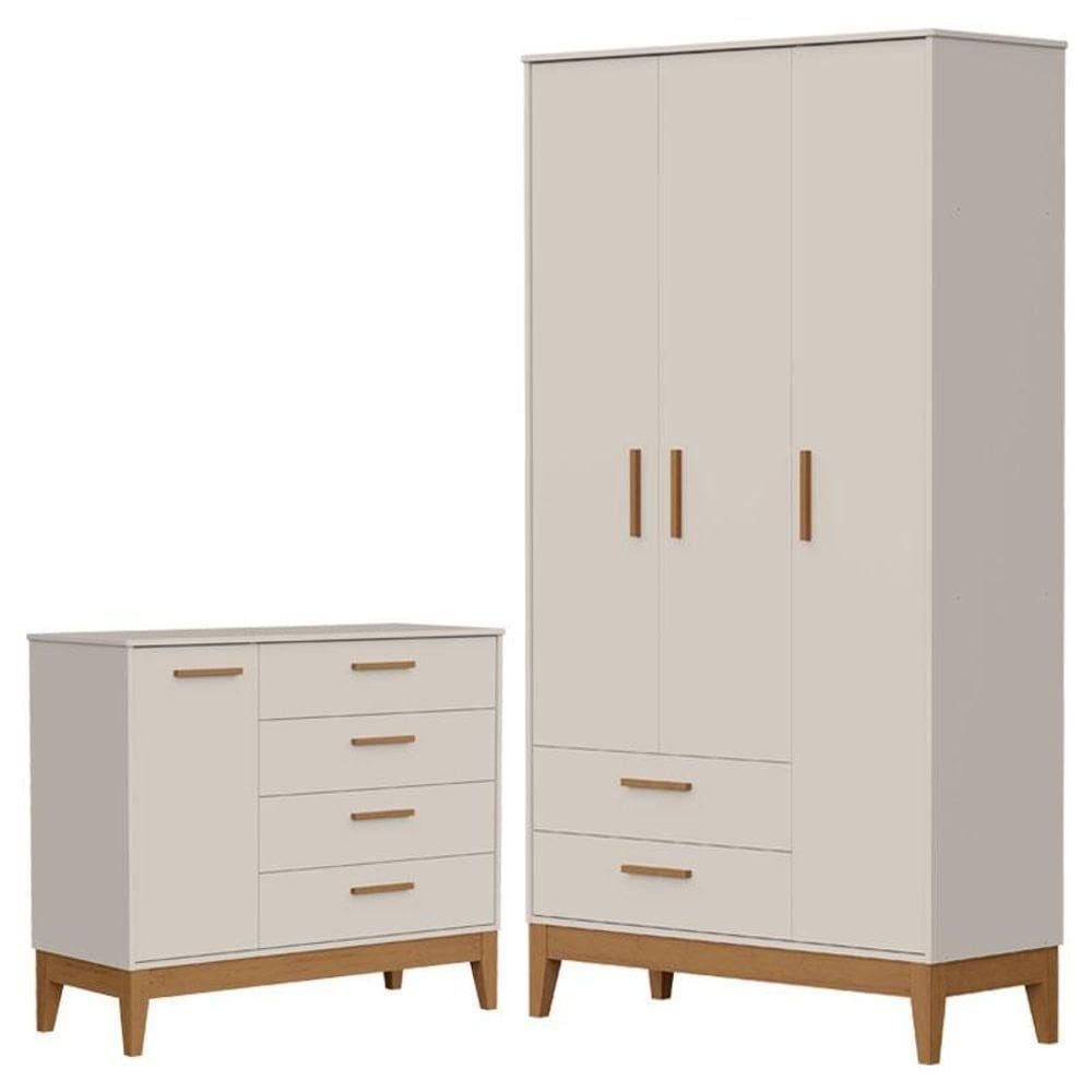 Guarda Roupa Infantil Flip 3 Portas Com Cômoda Infantil Sapateira Flip Areia Acetinado - Reller