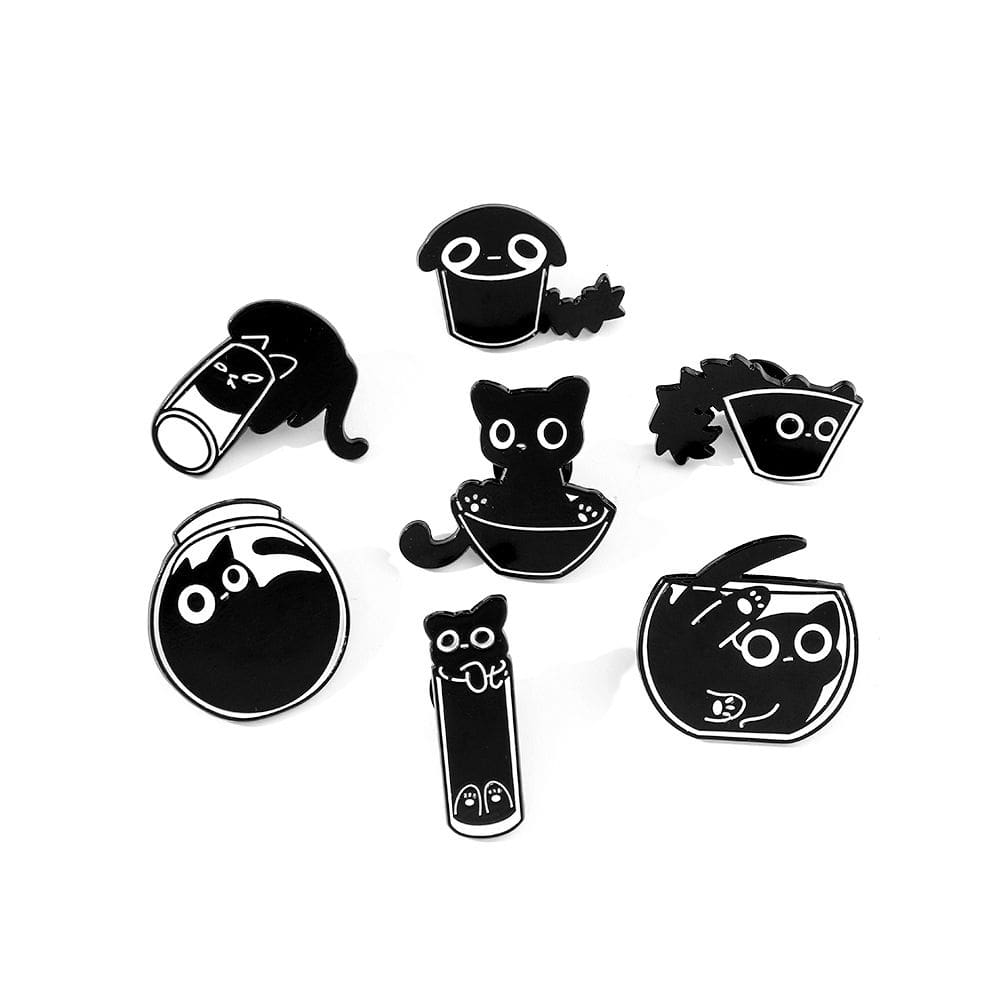 Conjunto de broches e acessórios de blusa de liga leve com tema de gato preto de desenho animado