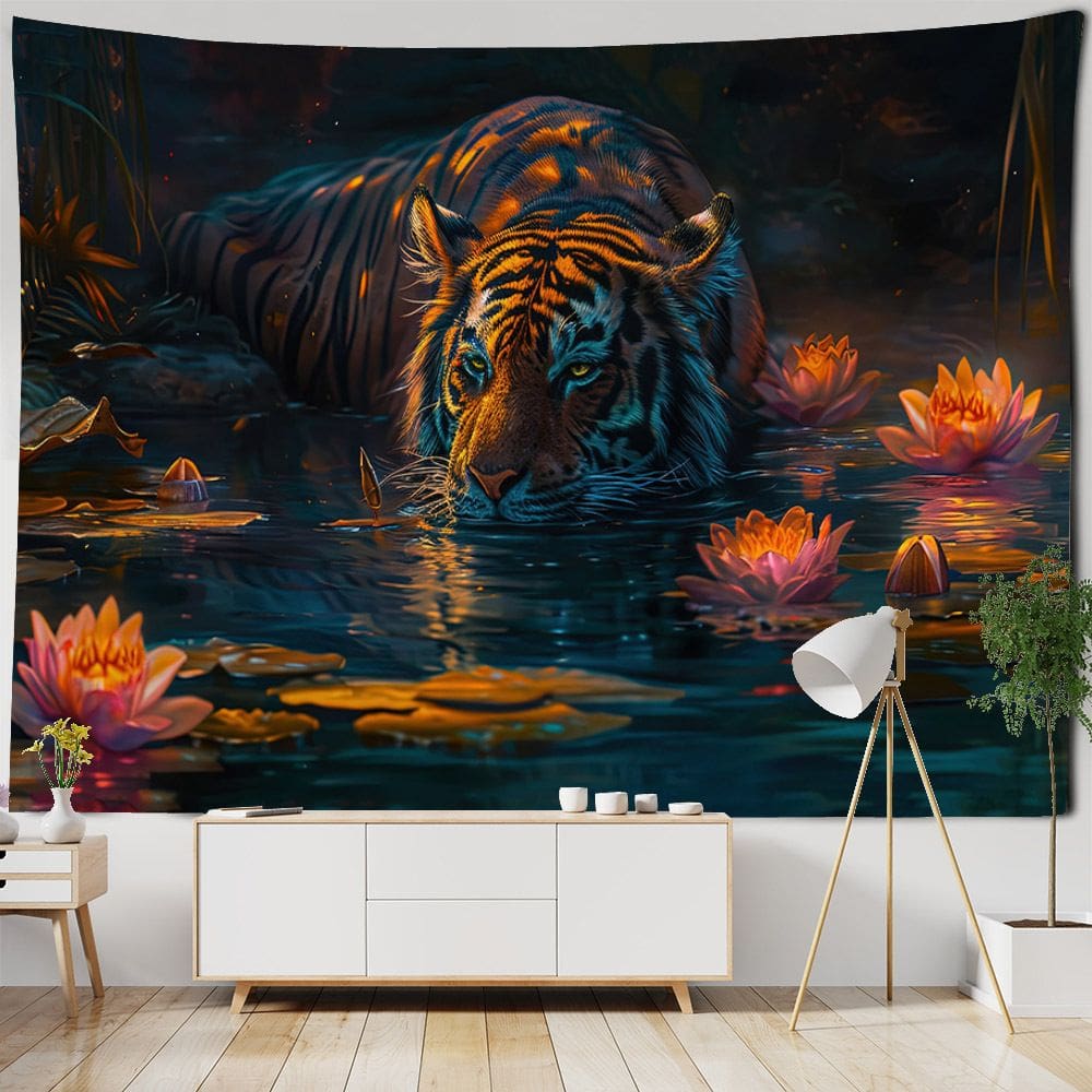 Tapeçaria para pendurar na parede Tiger Jungle Animal Lotus Flower 150x130cm