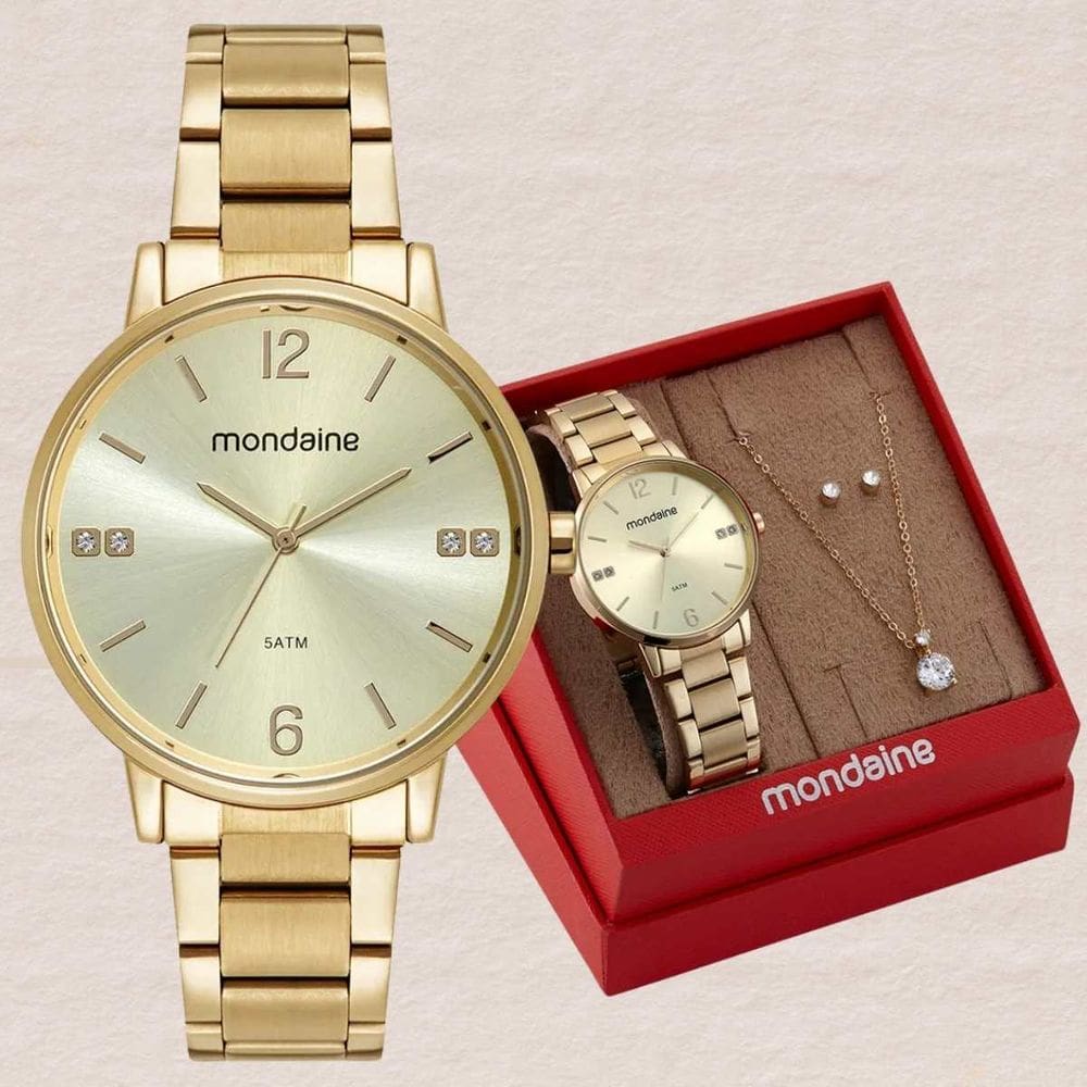 Kit Relógio Mondaine Feminino Analógico Dourado 32600LPMKDE1K1 + Semi Joias