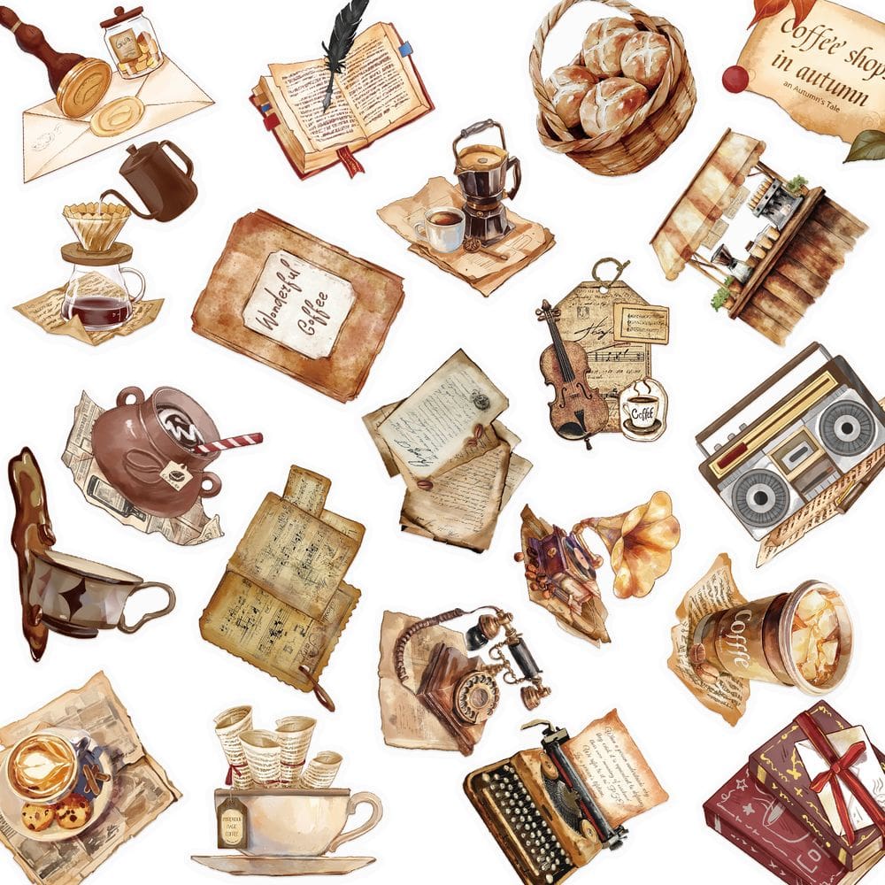 Pacote de adesivos Vintage Coffee Shop, 50 unidades com tema de café