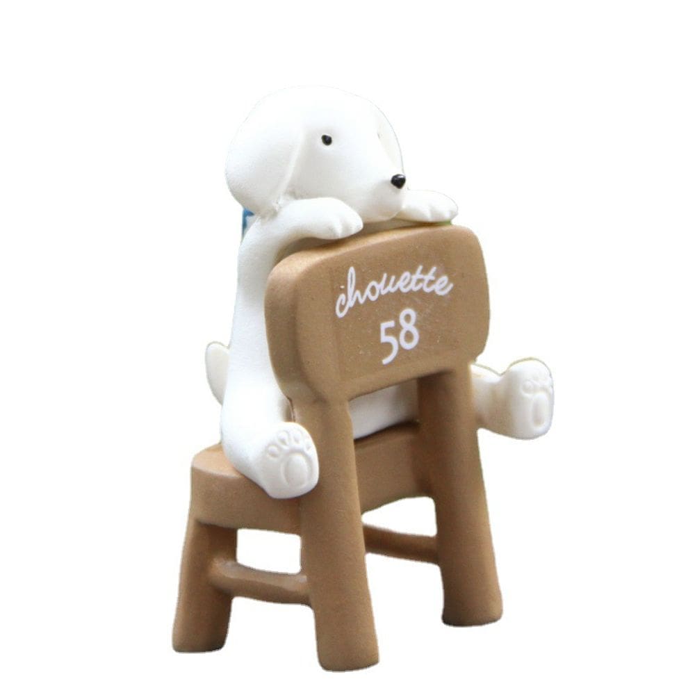 Escultura de cachorro em resina para decoração de jardim, fofa sentada na cadeira