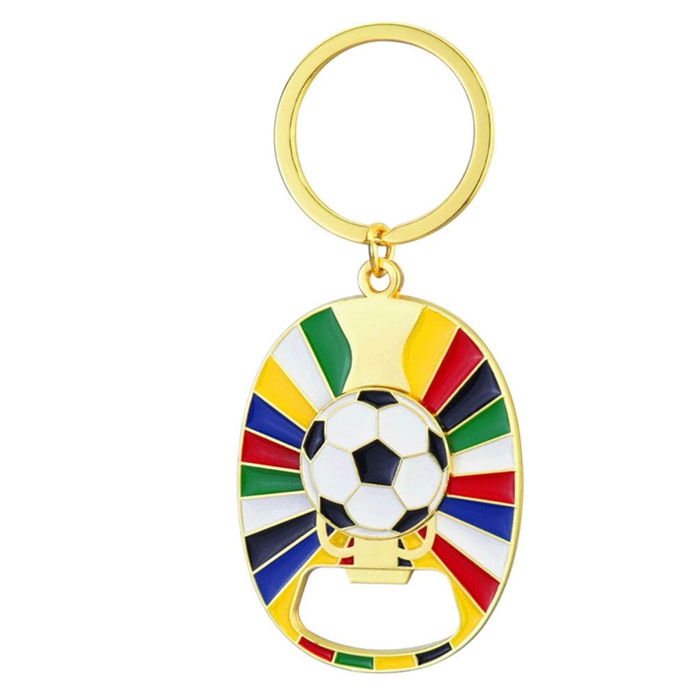 Chaveiro, bola de futebol com abridor de garrafas, bandeira multicolorida