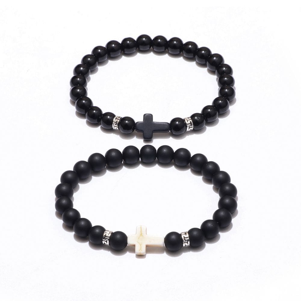 Conjunto de pulseiras Obsidian Cross para casais, pedra fosca feita à mão