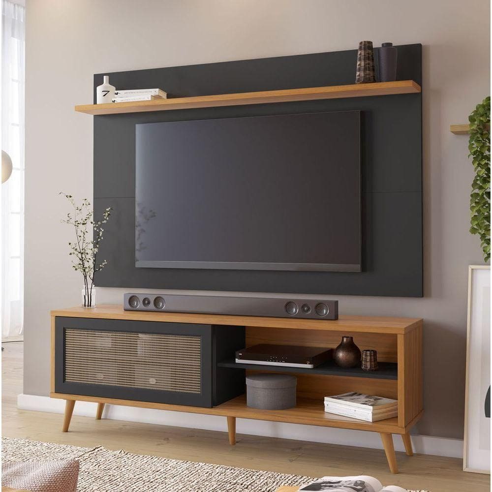 Rack Com Painel Arkansas Preto Com Freijó - Moveisaqui