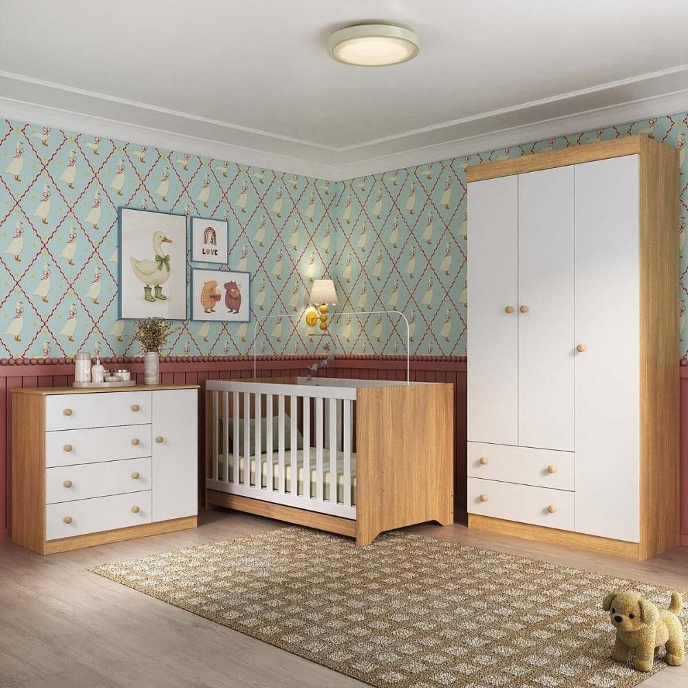 Quarto de Bebê Completo com Berço Americano 3 em 1 p/Colchão 130x70cm Encanto Multimóveis MP4589